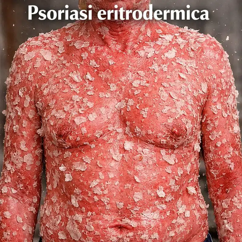 Esempio di psoriasi eritrodermica con desquamazione su gran parte del corpo