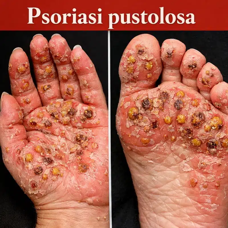 Psoriasi pustolosa palmoplantare con croste e pelle che si sfalda