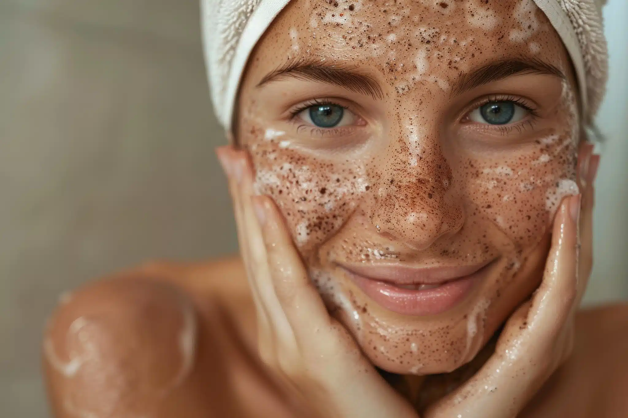 Donna con asciugamano in testa applica scrub viso per rimuovere cellule morte e impurità.