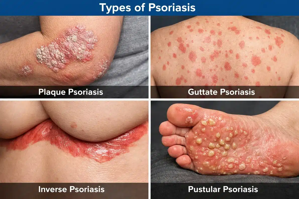Immagine comparativa dei principali tipi di psoriasi con esempi sulla pelle
