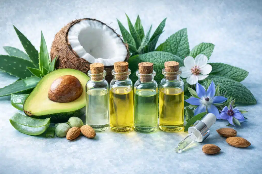 Boccette di oli cosmetici con contagocce e ingredienti naturali (avocado, cocco, aloe, mandorle, foglie e fiori) su sfondo azzurro