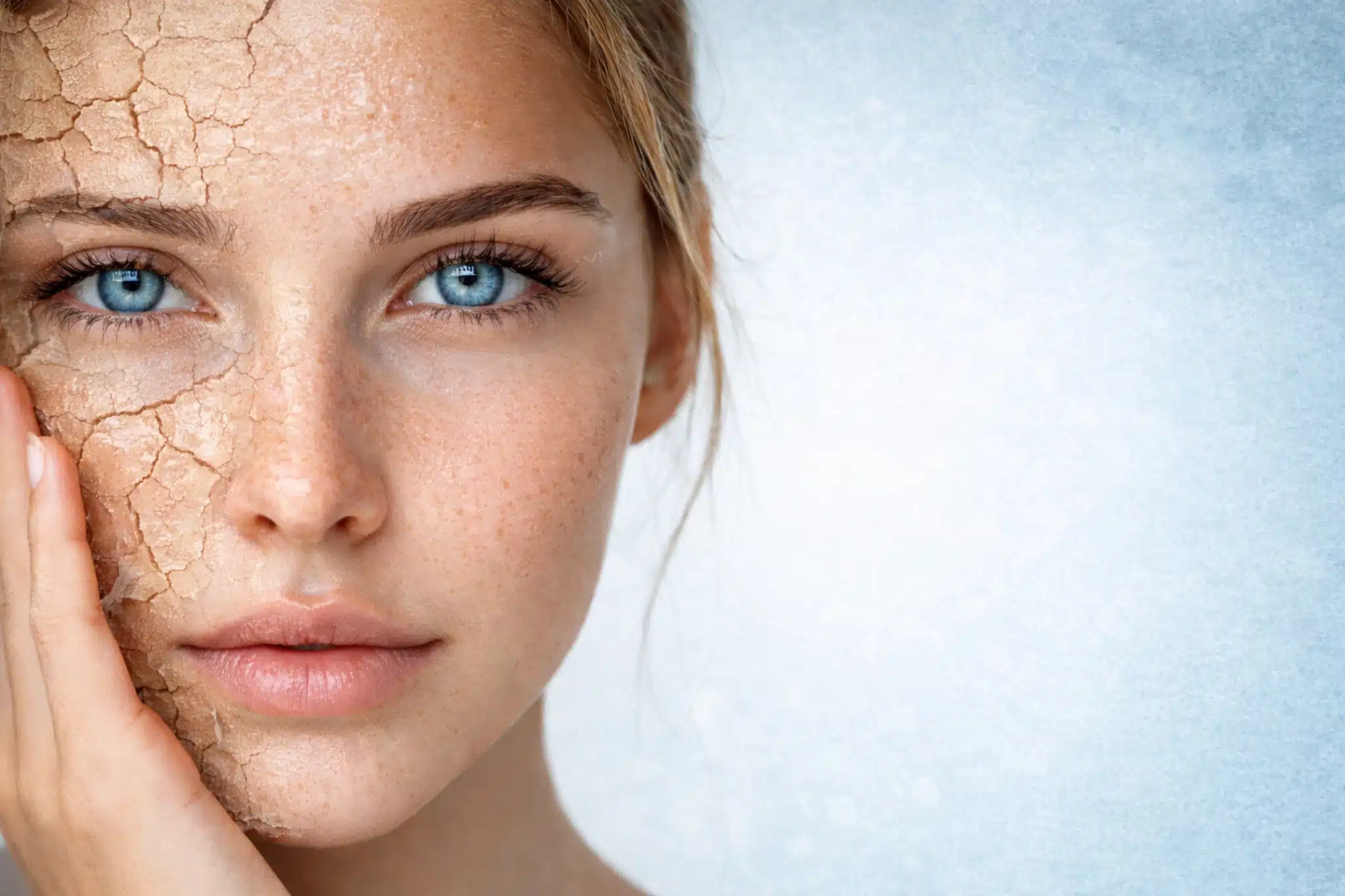 Primo piano di un volto femminile con pelle secca e screpolata su metà viso, a confronto con pelle più uniforme sull’altra metà, su sfondo azzurro sfumato.