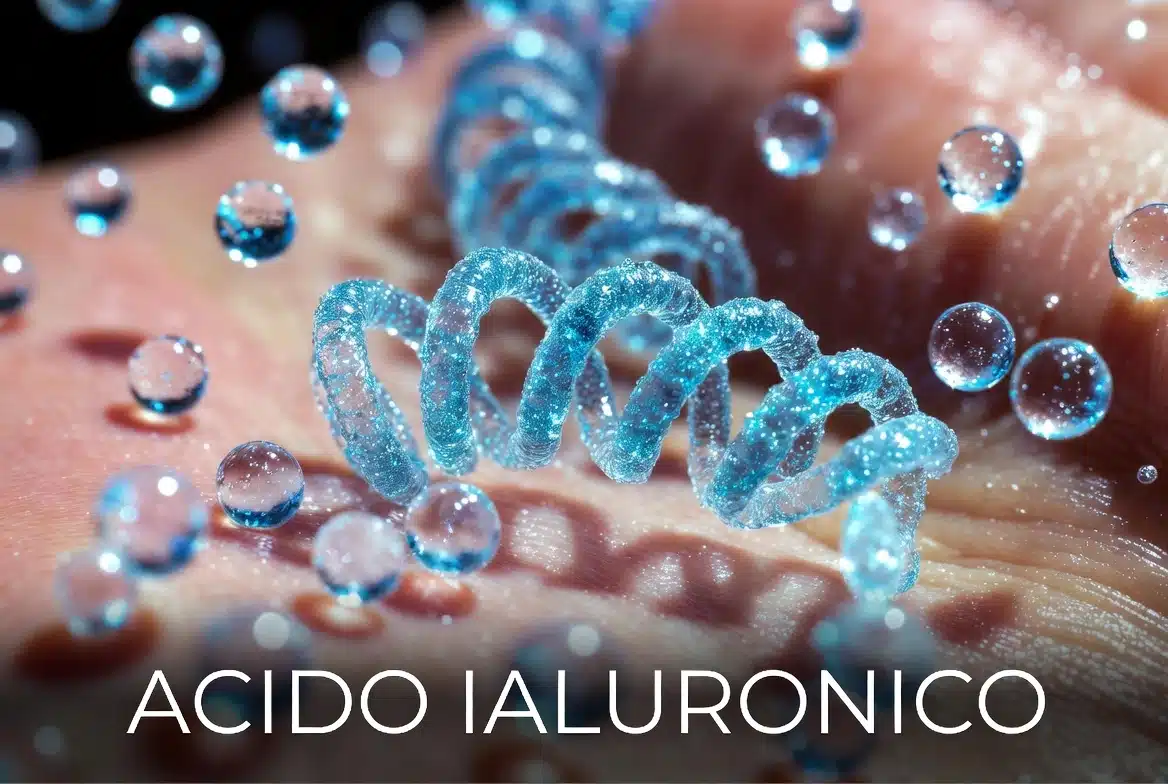infografica su come una catena di molecole di acido ialuronico agisce sulla pelle