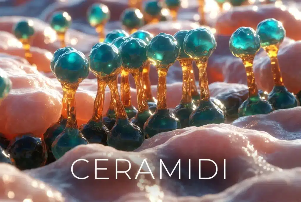 infografica su come una catena di molecole di ceramidi agisce sulla pelle