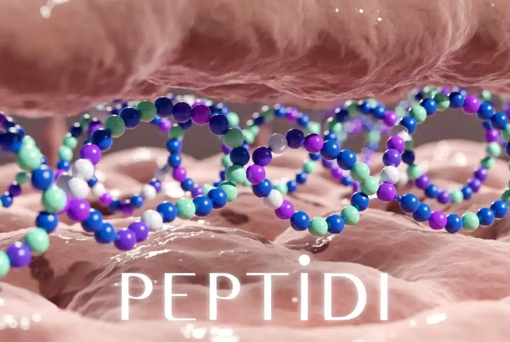 infografica su come una catena di molecole di peptidi agisce sulla pelle