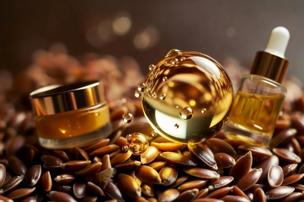Semi di lino, prodotti cosmetici per la cura della pelle e dei capelli e grande goccia di olio di semi di lino ambrata in primo piano.