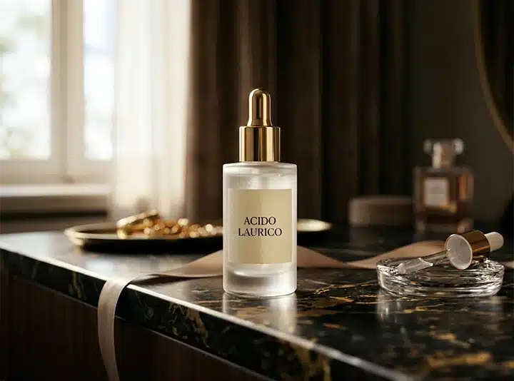 flacone di acido laurico design elegante su superfice marmo scuro