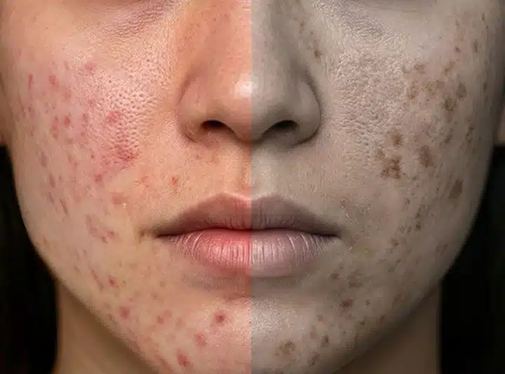 infografica che mostra la differenza tra macchie rosse e macchie marroni di acne