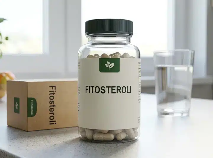 Primo piano di un flacone di capsule vegetali dal design minimal contenente fitosteroli in capsule di colore verde, su supefice di legno chiara. Sullo sfondo packaging in cartone minimal e bicchiere d'acqua in vetro trasparente