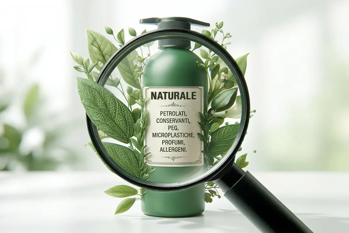 flacone di prodotto di colore verde con elementi vegetali e una lente di ingrandimento che mette in risalto gli ingredienti non biologici sotto la scritta naturale