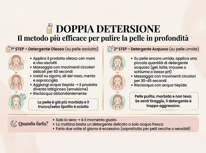 Infografica che spiega i passaggi della doppia detersione e che indica la sera come momento ideale 