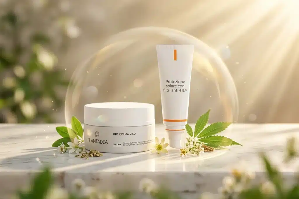 Bio Crema Viso PlantaDea con 1% CBD e Protezione Solare con filtri anti-HEV, affiancati su marmo bianco con foglie di canapa e fiori bianchi, avvolti da una sfera di luce dorata