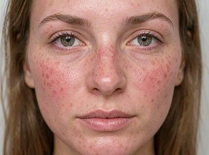 primo piano di un volto con pelle sensibile, arrossata con macchie solari
