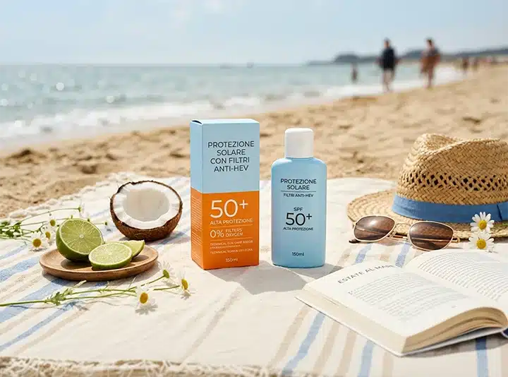 Protezione Solare SPF 50+ con filtri anti-HEV PlantaDea, flacone e confezione azzurra e arancio, su telo da spiaggia a righe con cocco, lime, cappello di paglia e libro aperto sullo sfondo del mare