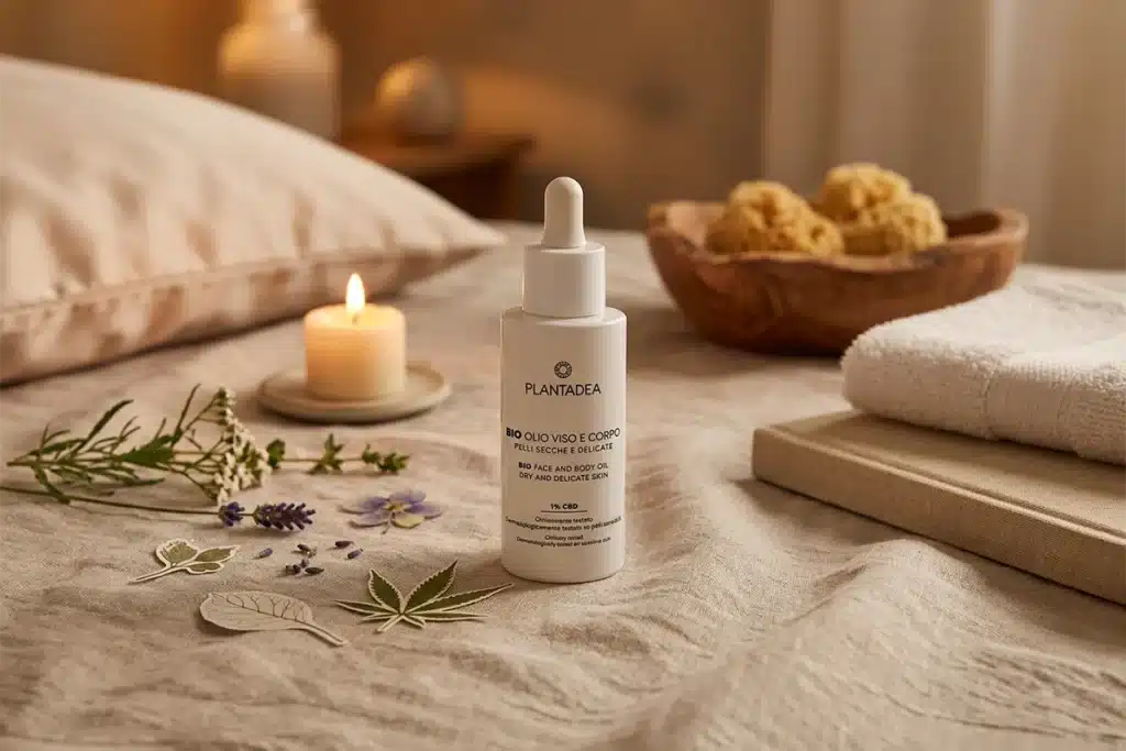 Bio Olio Viso e Corpo PlantaDea con 1% CBD per pelli secche e delicate, in flacone con contagocce, fotografato su lenzuola di lino beige con candela accesa, fiori di lavanda, foglie di canapa e spugna naturale
