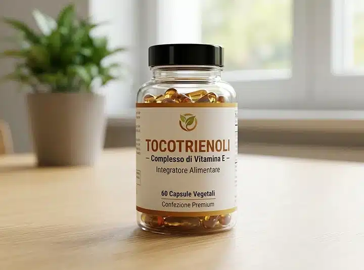 Flacone di capsule vegetali dal design minimal contenente tocotrienoli in capsule gel di colore giallo, su supeficie di legno chiara