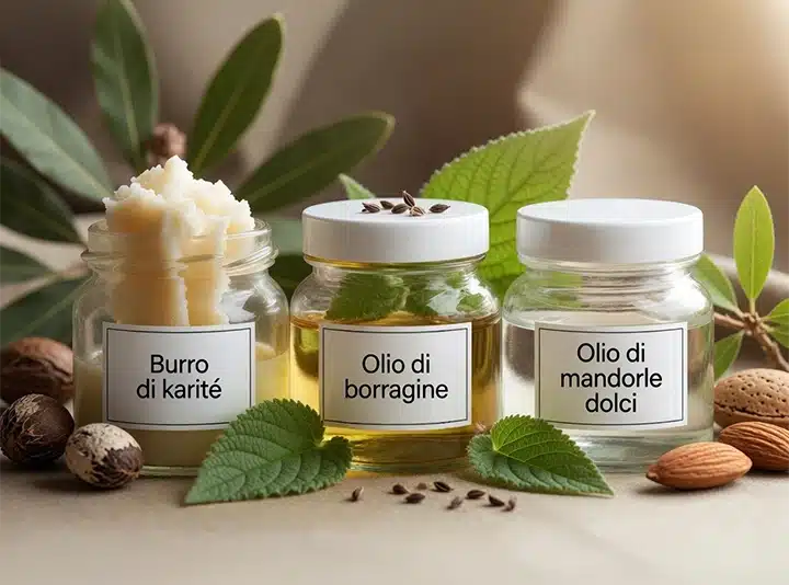 primo piano flaconi di burro di karitè, olio di borragine, e olio di mandorle dolci con ingredienti naturali 