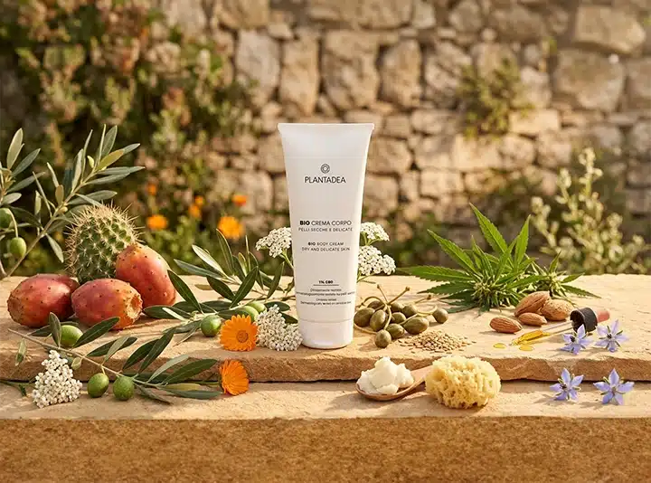 crema copro plantadea con elementi naturali che indicano gli ingredienti 