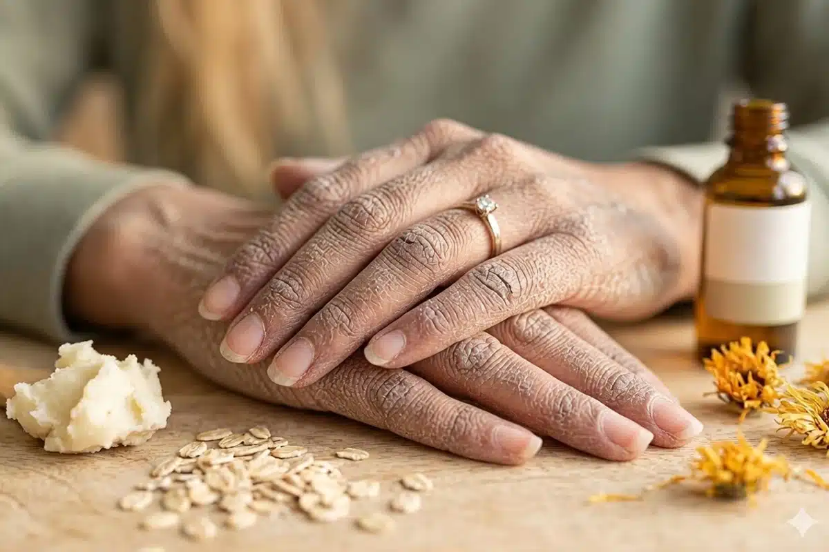 primo piano di mani incrociate con eczema atopico
