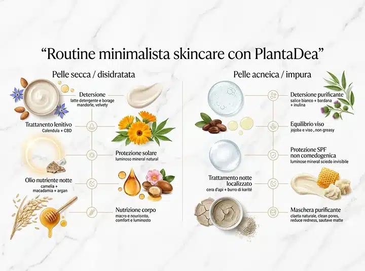 Infografica routine minimalista skincare: prodotti consigliati per pelle secca e pelle acneica, dal detergente alla protezione solare